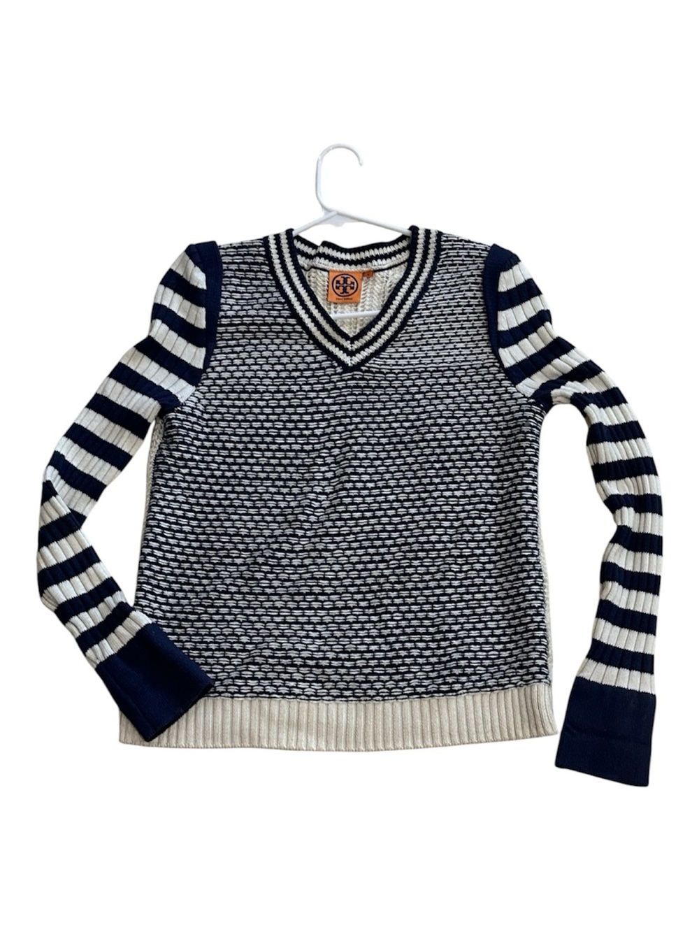 Tory Burch Navy & White V‑Neck Textured Knit with Striped Sleeves